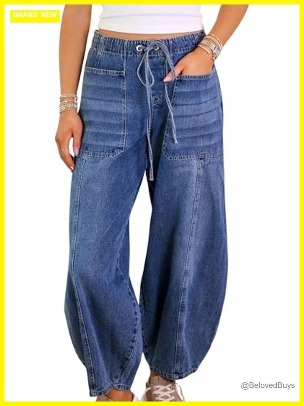 High Waisted Loose Wide Leg Baggy Barrel Jeans Drawstring Stretch Cotton